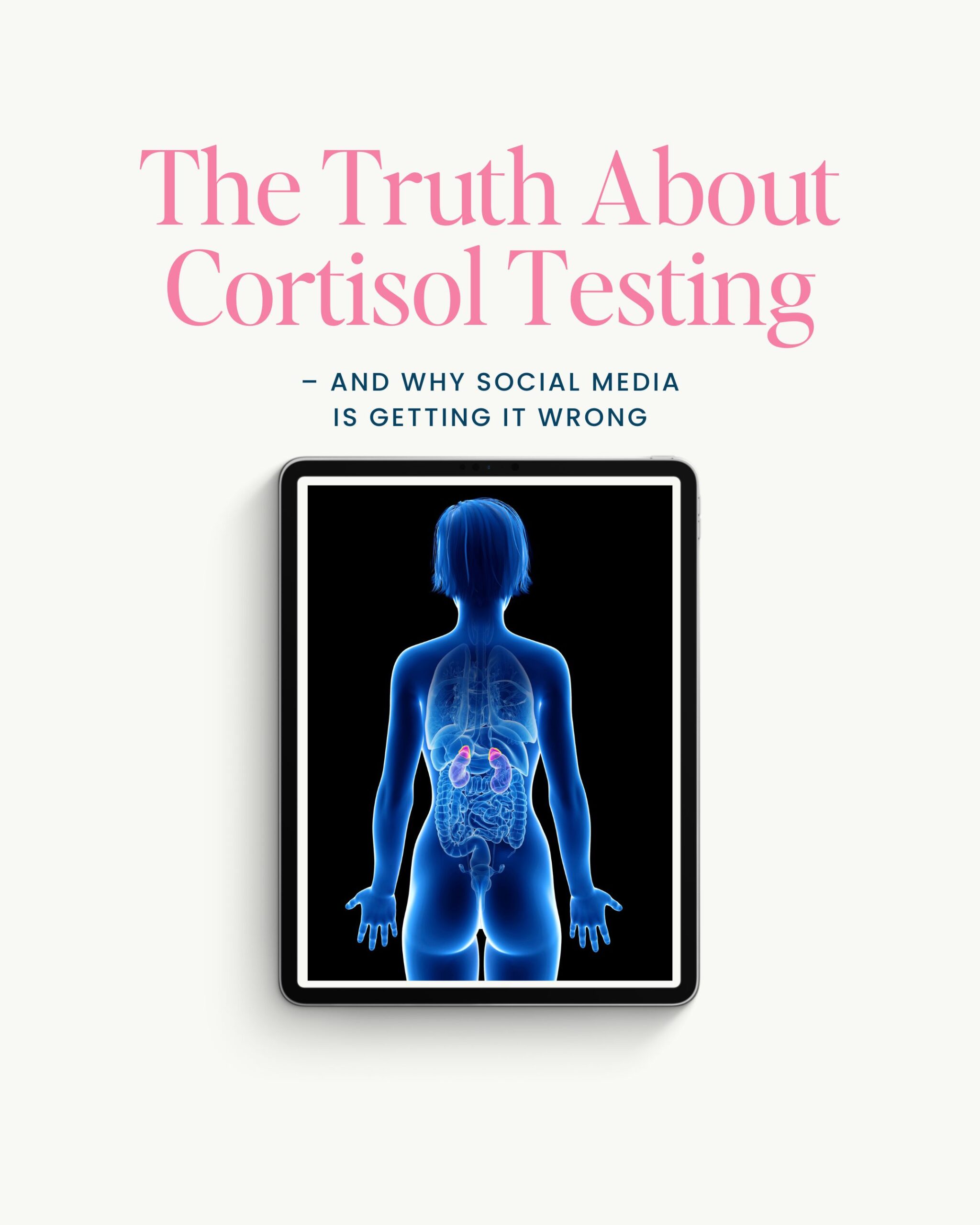 Graphic showing the words “Cortisol & Stress: Why You Don’t Need the Numbers” with a calm, balanced theme