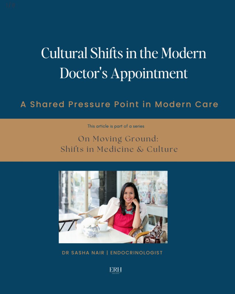 Portrait of Dr Sasha Nair with the series title “On Moving Ground: Shifts in Medicine and Culture” and article title “Cultural Shifts in the Modern Doctor’s Appointment.”